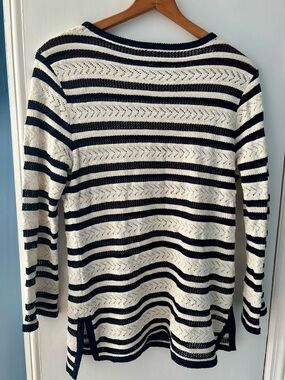 St. John Collection Open-Knit Striped Crewneck Sweater - White & Navy